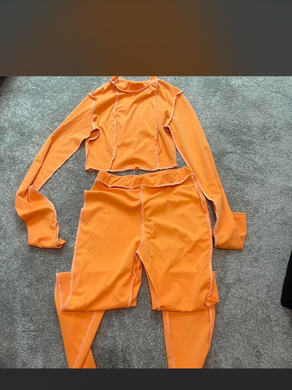 Women's Orange Two-Piece Pantsuit Set - Long Sleeve Crop Top & High-Waist Pants